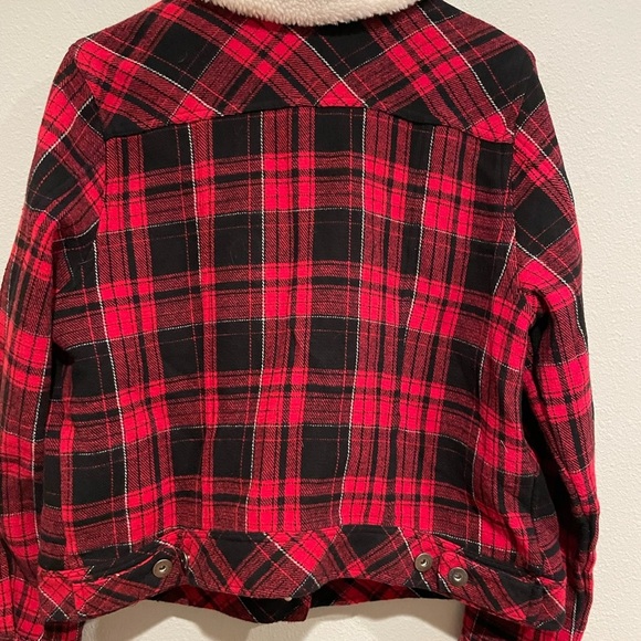 Torrid Size 0 red and black plaid button up jacket with white Sherpa col… - Picture 3 of 7